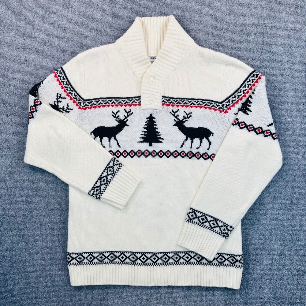 Coofandy Men's L Christmas Sweater Reindeer Tree Fair Isle Shawl Collar Pullover - Picture 2 of 11